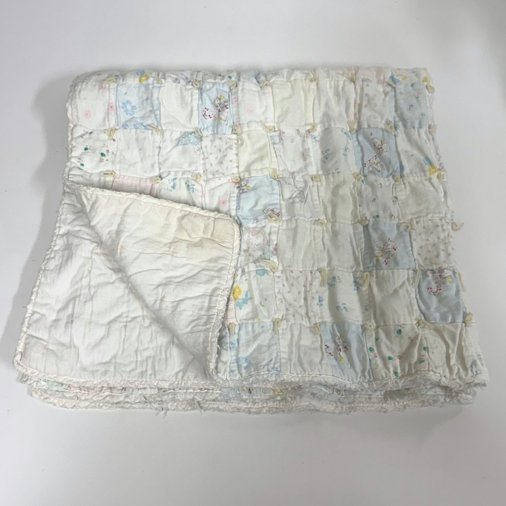 Handmade Vintage Baby Quilt Patchwork Pastel Hand Tied Nursery Blanket 35x32